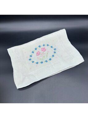 Vintage Table Runner Cross Stitch Floral White Embroidered Purple Blue Flowers